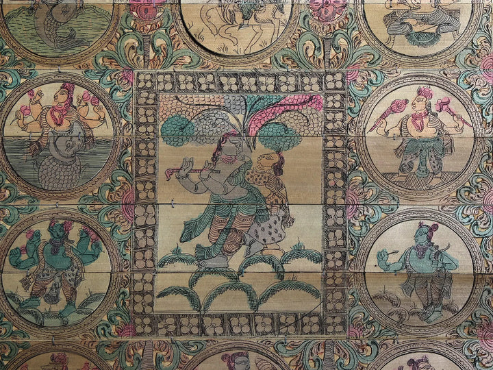 Lord Krishna Playing Flute with Radha and Dashavatara of Lord Vishnu Pattachitra Painting on Cloth · view 2