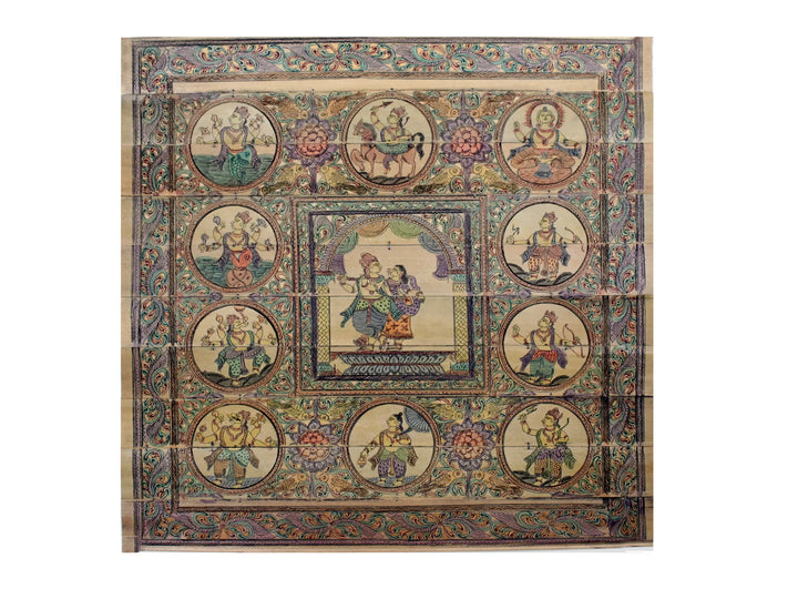 Standing Radha Krishna at Center with Ten Incarnations of Lord Vishnu (Dashavatara) Pattachitra Painting on Cloth · view 1