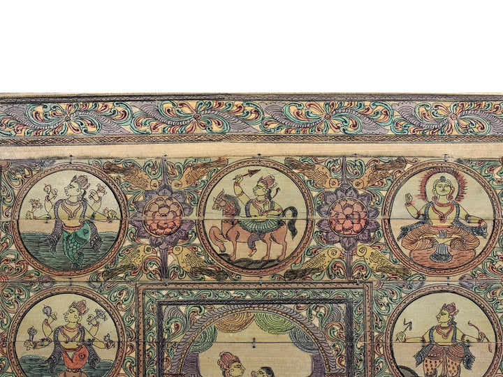 Standing Radha Krishna at Center with Ten Incarnations of Lord Vishnu (Dashavatara) Pattachitra Painting on Cloth · view 3