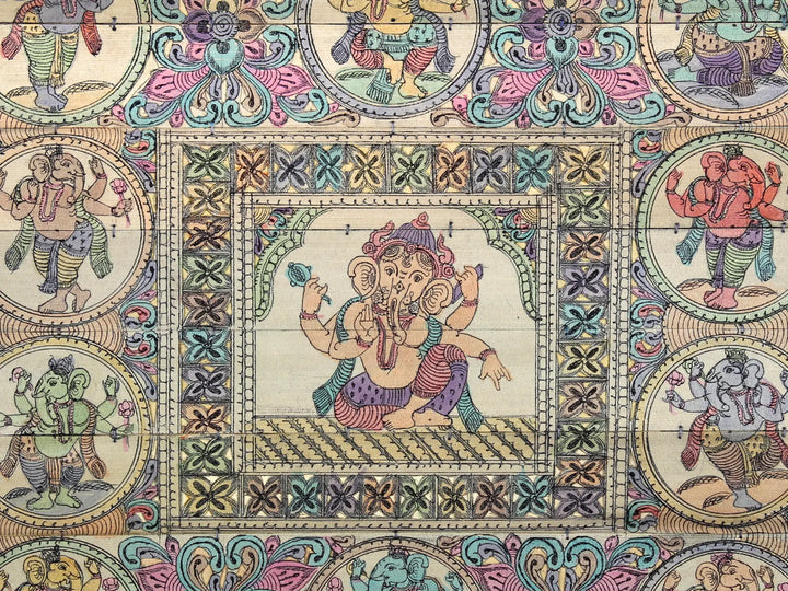 Sitting Lord Ganesha at Center with His Different Forms Pattachitra Painting on Cloth · view 2