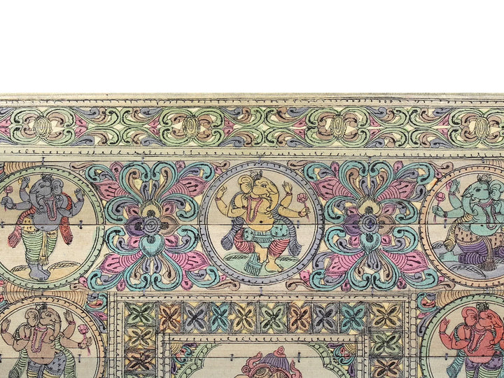 Sitting Lord Ganesha at Center with His Different Forms Pattachitra Painting on Cloth · view 3