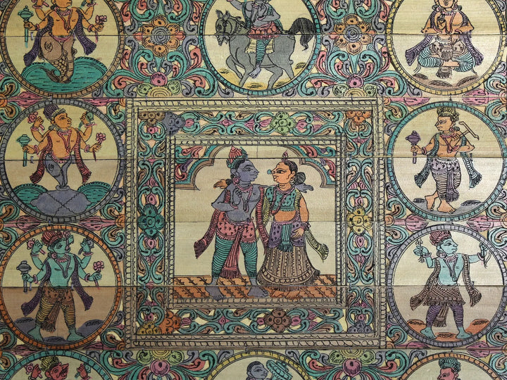Standing Radha Krishna with Dashavatara of Lord Vishnu Pattachitra Painting on Cloth · view 2