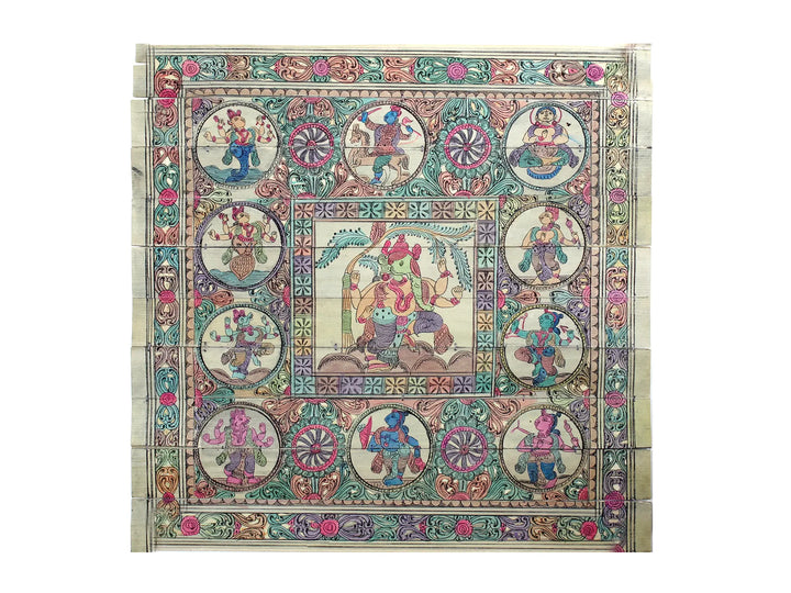 Lord Gajanana at Center with Dashavatara of Lord Vishnu Pattachitra Painting on Cloth · view 1