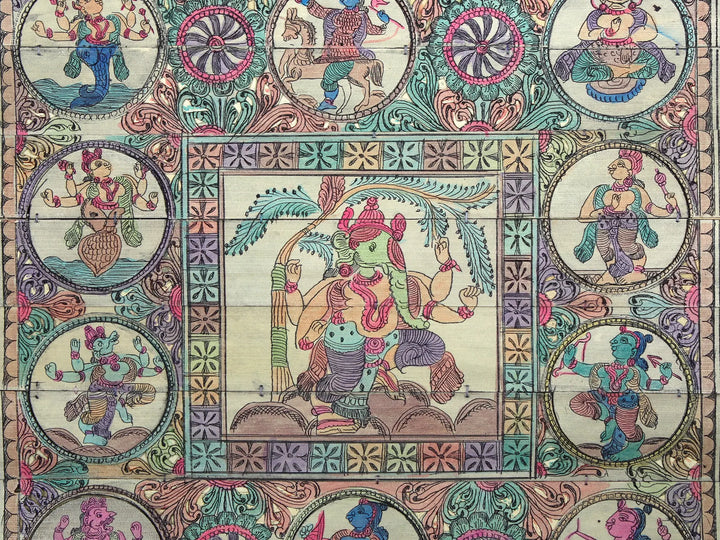 Lord Gajanana at Center with Dashavatara of Lord Vishnu Pattachitra Painting on Cloth · view 2