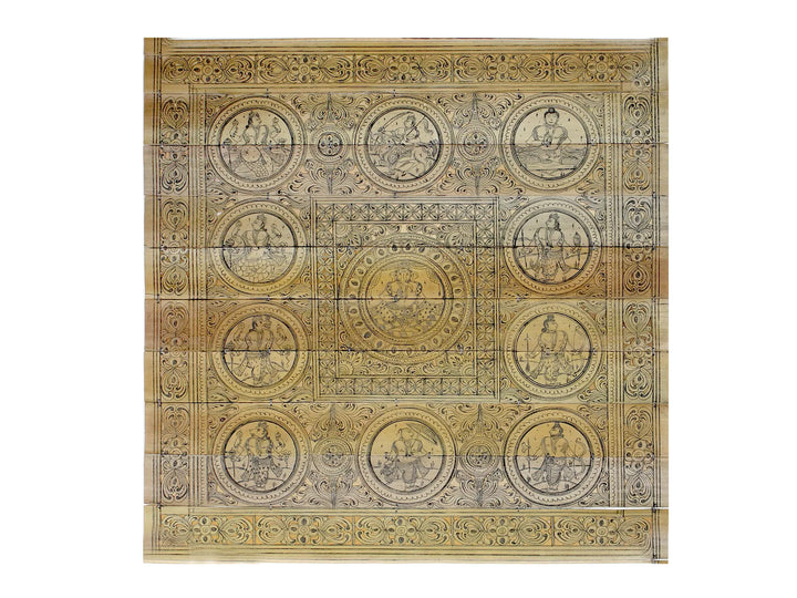 Lord Ganapati at Center with Ten Incarnations of Lord Vishnu (Dashavatara) Pattachitra Painting on Cloth · view 1