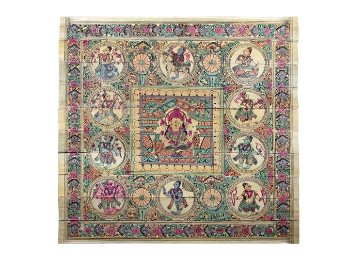 Sitting Devi Lakshmi at Center with Dashavatara of Lord Vishnu Pattachitra Painting on Cloth · view 1