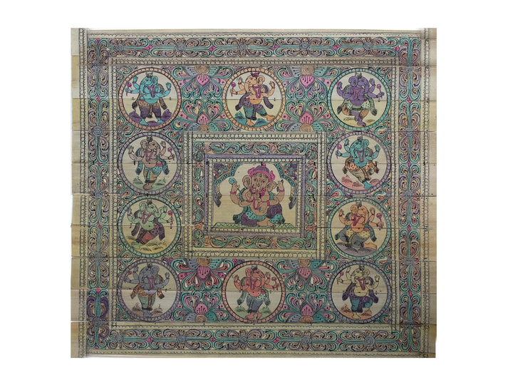 Sitting Lord Ganesha at Center with His Different Forms on Border Pattachitra Painting on Cloth · view 1
