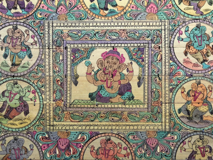 Sitting Lord Ganesha at Center with His Different Forms on Border Pattachitra Painting on Cloth · view 2