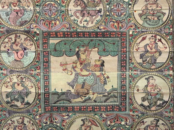 Radha-Krishna with Ten Incarnations of Lord Vishnu (Dashavatara) Pattachitra Painting on Cloth · view 2