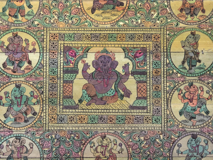 Sitting Lord Ganesha at Center with His Different Forms Pattachitra Painting on Cloth · view 2