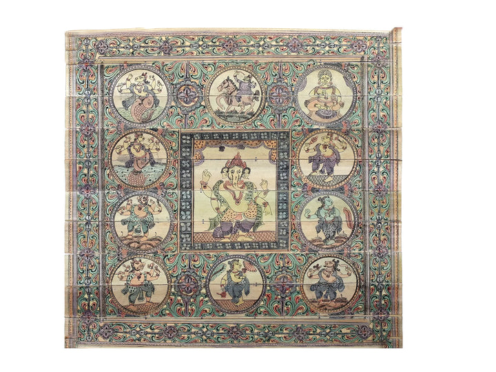 Standing Chaturbhuja Lord Ganesha with Ten Incarnations of Lord Vishnu (Dashavatara) Pattachitra Painting on Cloth · view 1