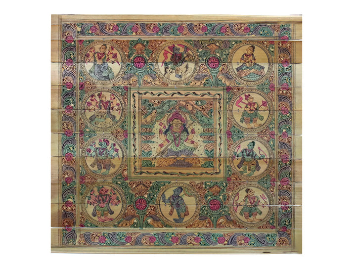 Sitting Goddess Saraswati with Lord Vishnu's Ten Incarnations (Dashavatara) Pattachitra Painting on Cloth · view 1