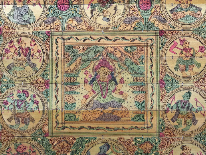 Sitting Goddess Saraswati with Lord Vishnu's Ten Incarnations (Dashavatara) Pattachitra Painting on Cloth · view 2