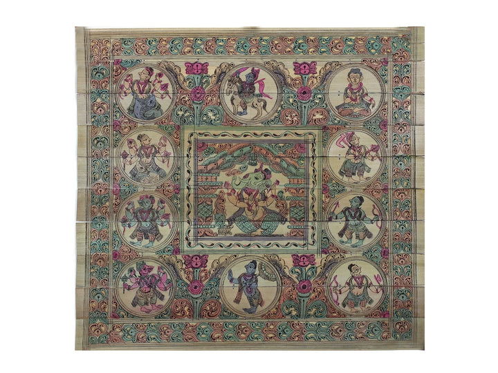 Sitting Vighnaharta Ganesha at Center with Lord Vishnu's Dashavatara Pattachitra Painting on Cloth · view 1