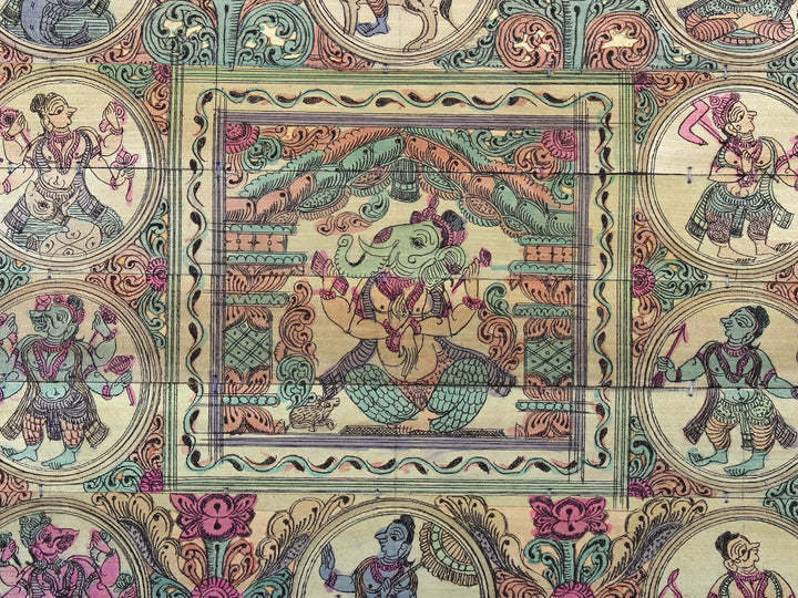 Sitting Vighnaharta Ganesha at Center with Lord Vishnu's Dashavatara Pattachitra Painting on Cloth · view 2