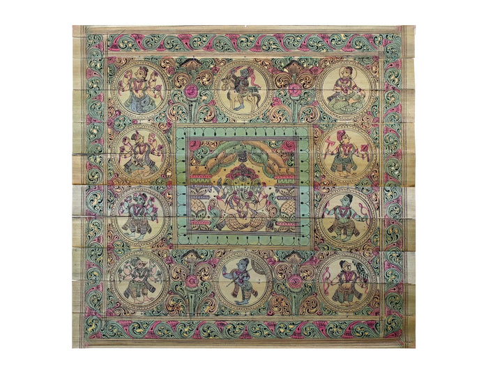 Sitting Four Hands Gajanana at Center with Lord Vishnu's Ten Incarnations (Dashavatara) Pattachitra Painting on Cloth · view 1