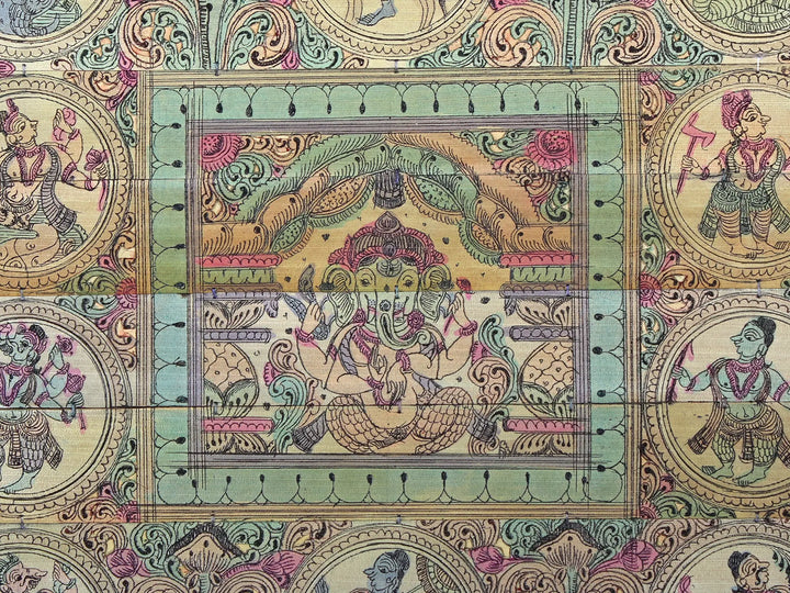 Sitting Four Hands Gajanana at Center with Lord Vishnu's Ten Incarnations (Dashavatara) Pattachitra Painting on Cloth · view 2