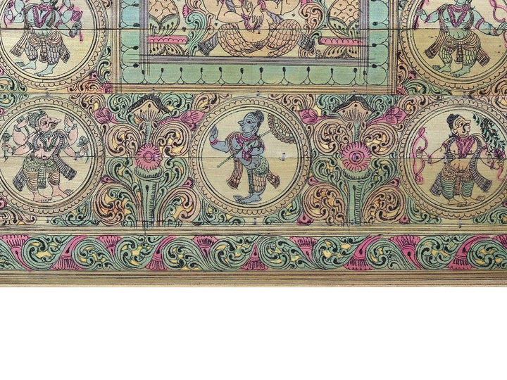 Sitting Four Hands Gajanana at Center with Lord Vishnu's Ten Incarnations (Dashavatara) Pattachitra Painting on Cloth · view 4