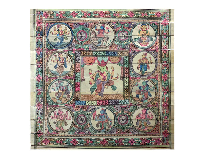 Four Hands Lord Ganapati with Ten Incarnations of Lord Vishnu (Dashavatara) Pattachitra Painting on Cloth · view 1