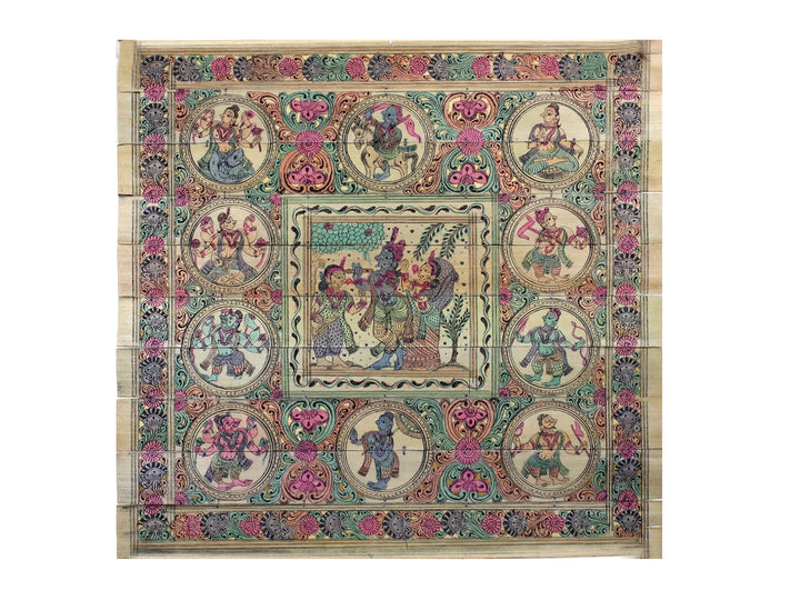 Lord Krishna with Rukmini and Satyabhama with Lord Vishnu's Dashavatara Pattachitra Painting on Cloth · view 1