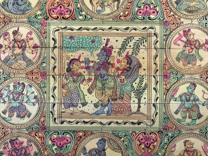 Lord Krishna with Rukmini and Satyabhama with Lord Vishnu's Dashavatara Pattachitra Painting on Cloth · view 2