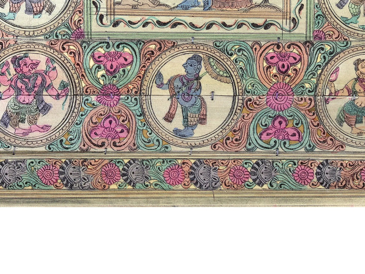 Lord Krishna with Rukmini and Satyabhama with Lord Vishnu's Dashavatara Pattachitra Painting on Cloth · view 4