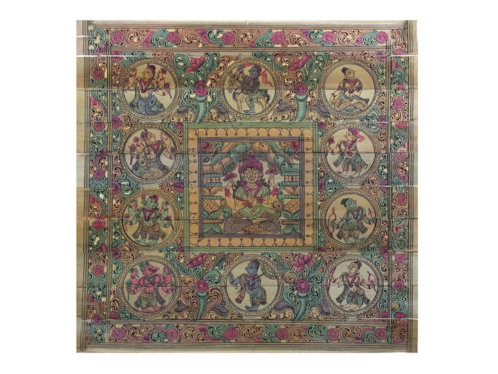 Sitting Devi Lakshmi at Center with Lord Vishnu's Ten Incarnations Pattachitra Painting on Cloth · view 1